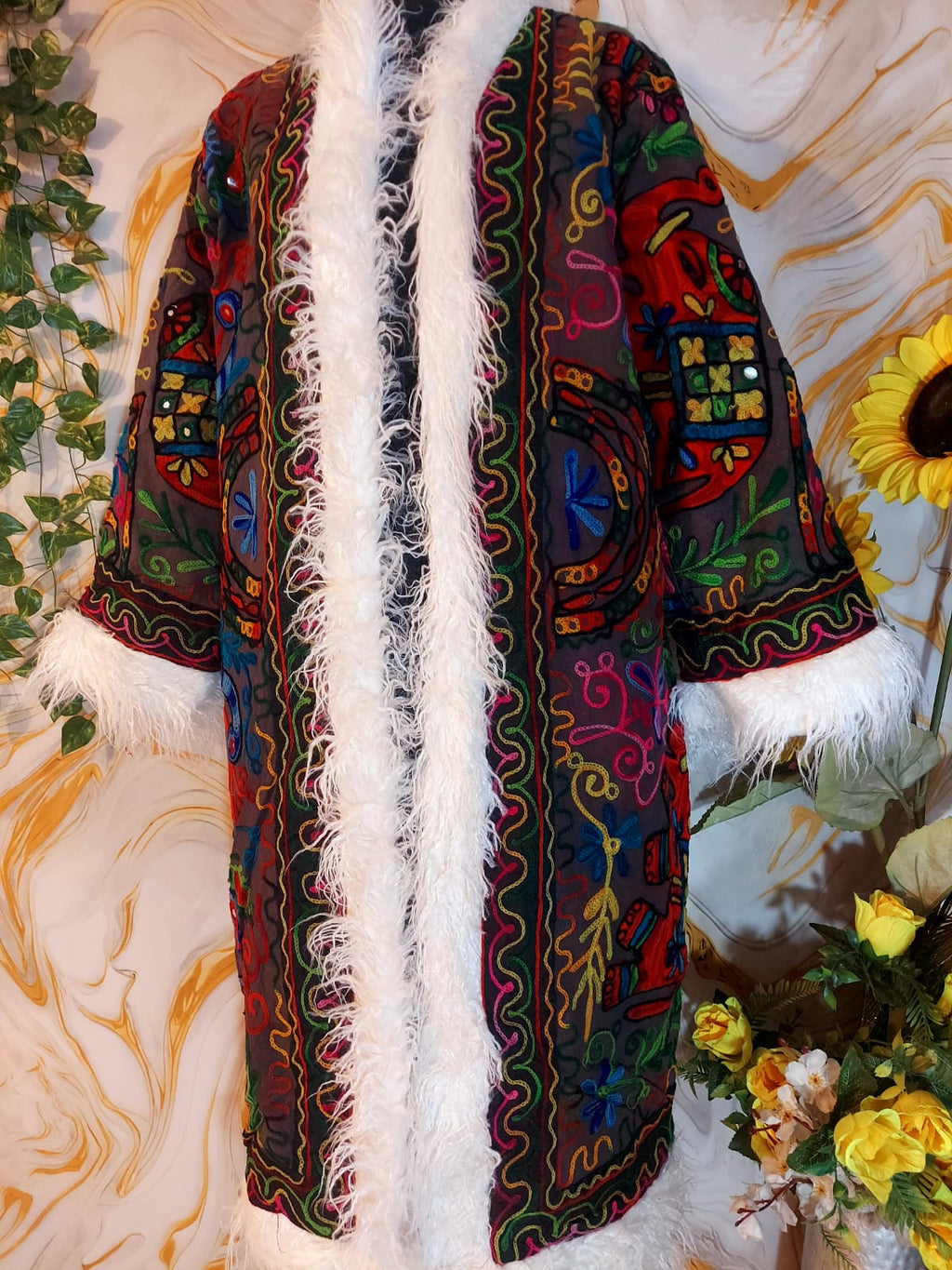 Vintage matte black Floral Embroidered Afghan Coat: Mongolian Fur Trim, Reversible Cotton