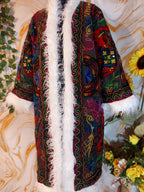 Vintage matte black Floral Embroidered Afghan Coat: Mongolian Fur Trim, Reversible Cotton