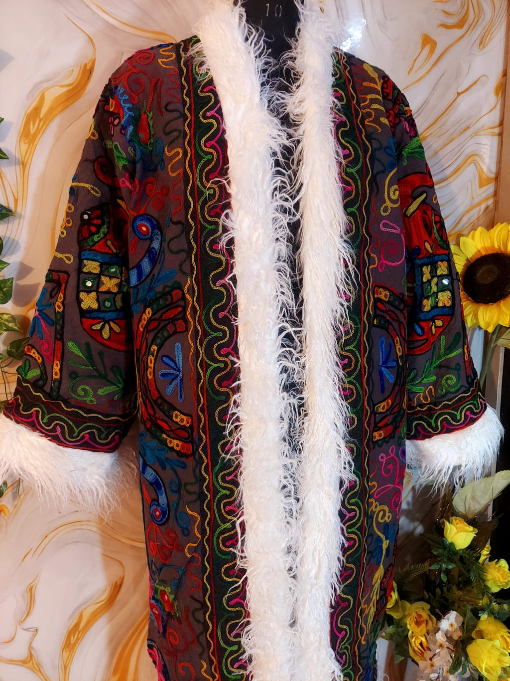 Vintage matte black Floral Embroidered Afghan Coat: Mongolian Fur Trim, Reversible Cotton