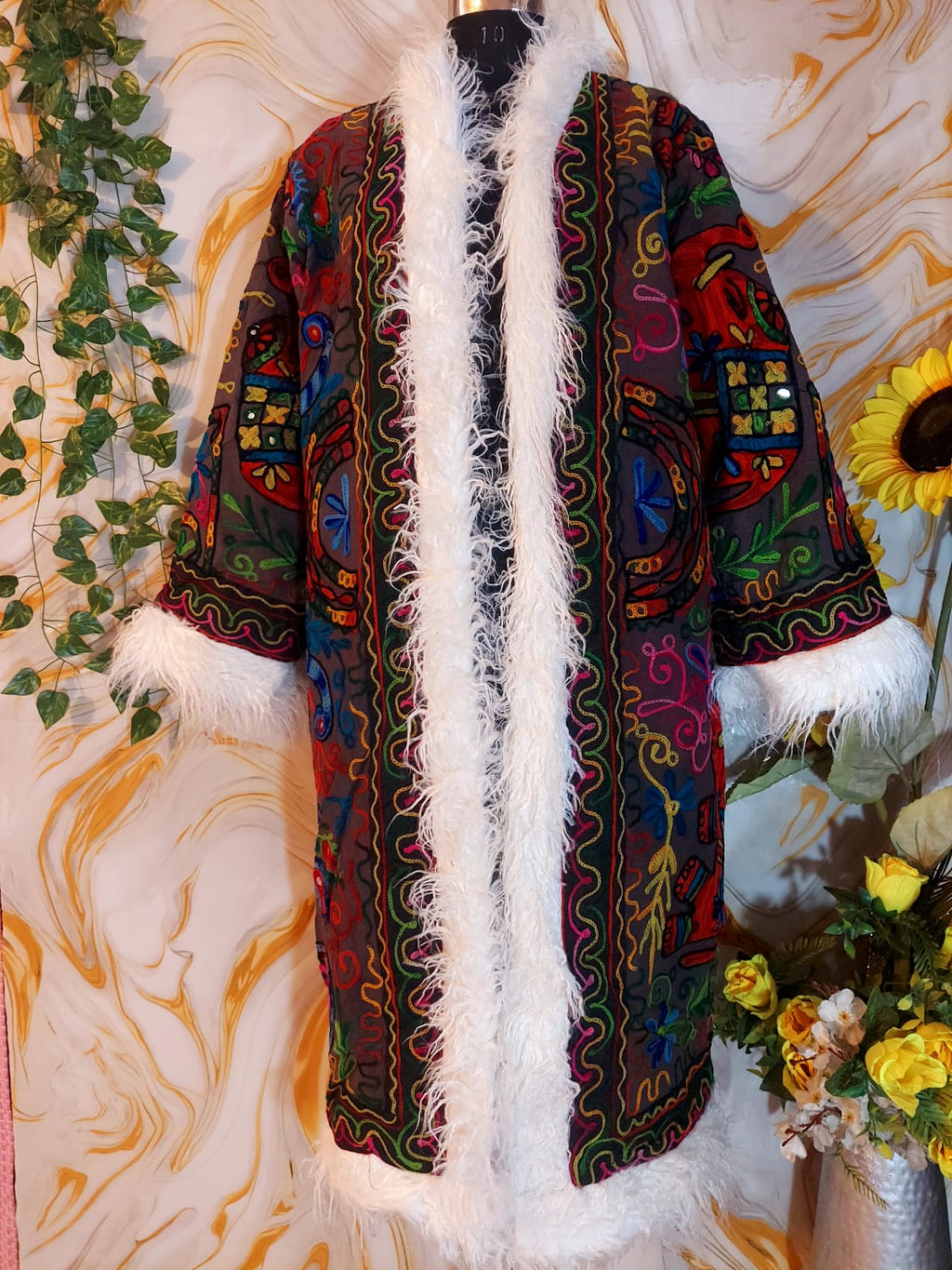 Vintage matte black Floral Embroidered Afghan Coat: Mongolian Fur Trim, Reversible Cotton