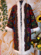 Vintage matte black Floral Embroidered Afghan Coat: Mongolian Fur Trim, Reversible Cotton