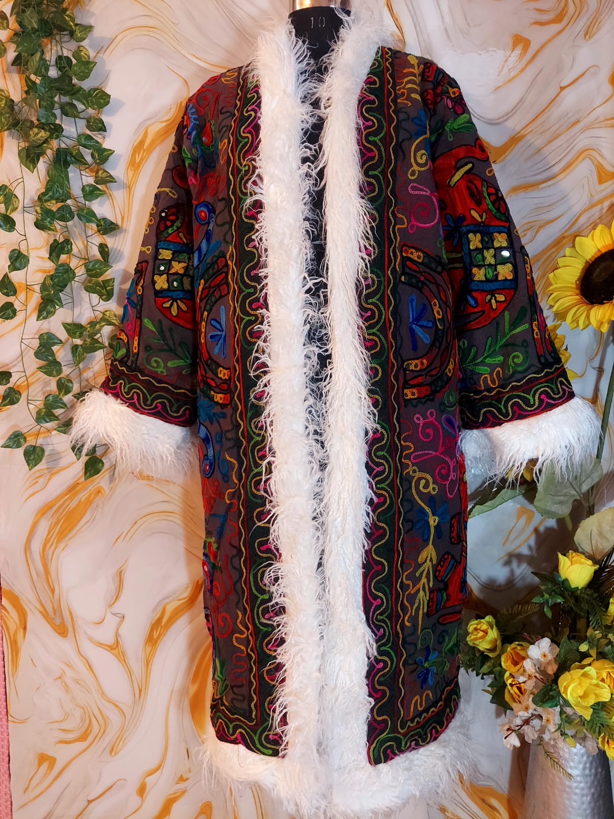 Vintage matte black Floral Embroidered Afghan Coat: Mongolian Fur Trim, Reversible Cotton
