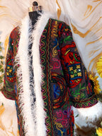 Vintage matte black Floral Embroidered Afghan Coat: Mongolian Fur Trim, Reversible Cotton
