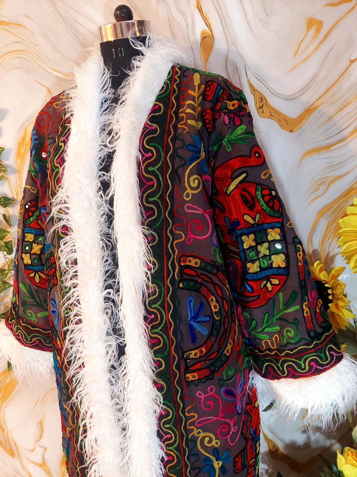 Vintage matte black Floral Embroidered Afghan Coat: Mongolian Fur Trim, Reversible Cotton