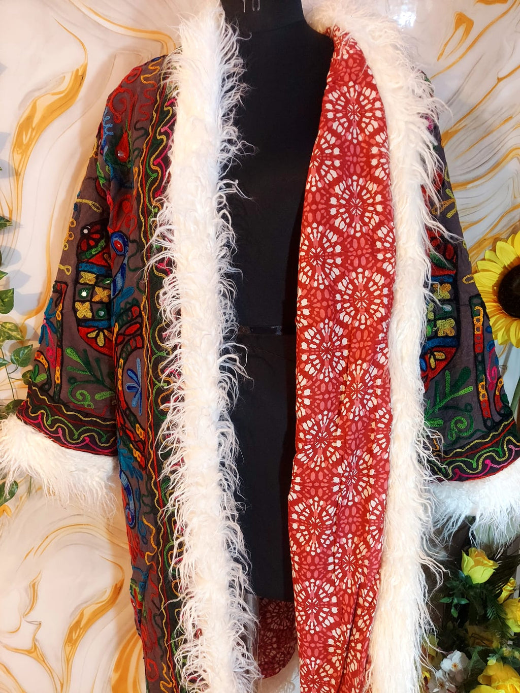 Vintage matte black Floral Embroidered Afghan Coat: Mongolian Fur Trim, Reversible Cotton
