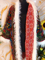 Vintage matte black Floral Embroidered Afghan Coat: Mongolian Fur Trim, Reversible Cotton