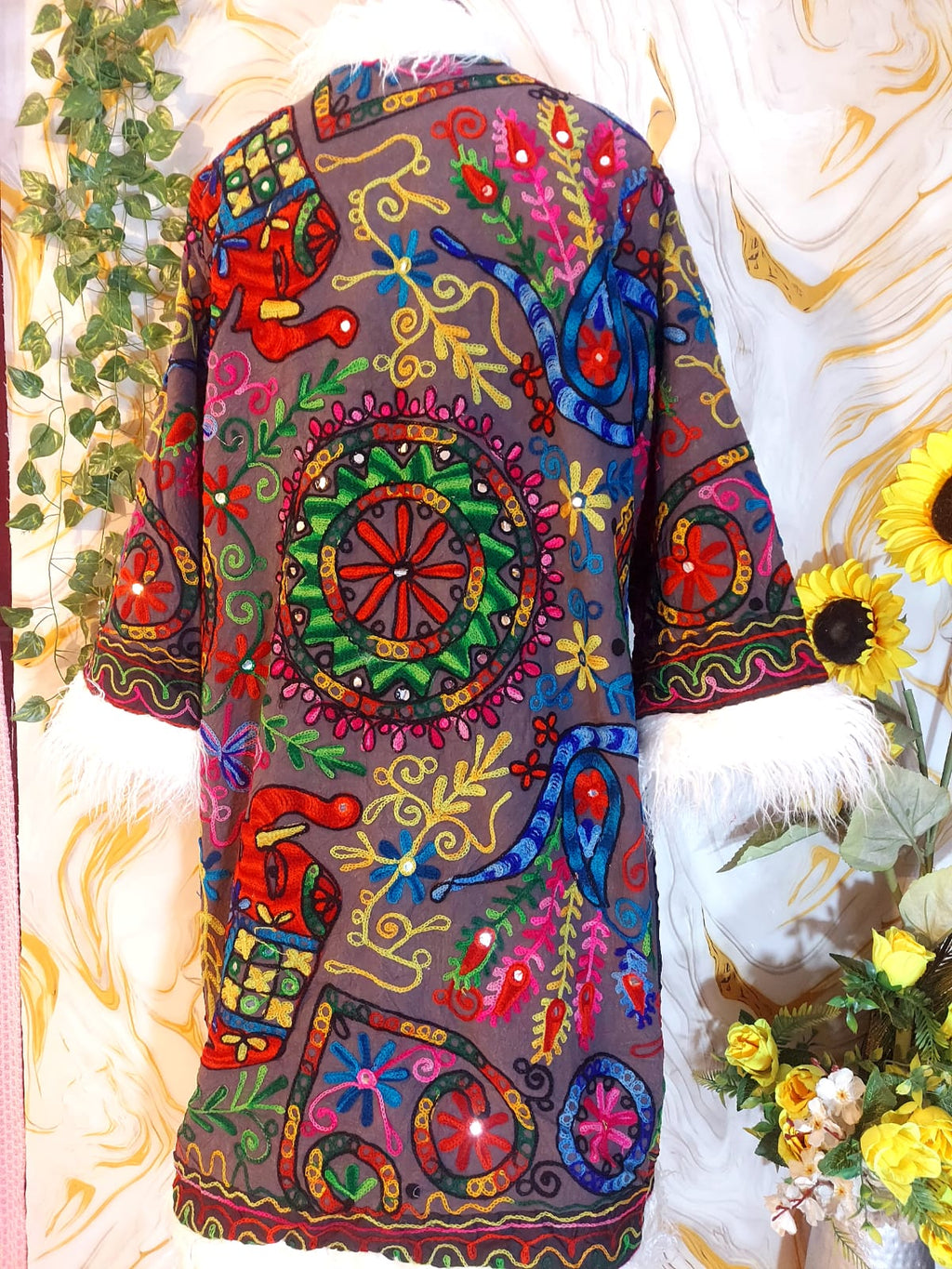 Vintage matte black Floral Embroidered Afghan Coat: Mongolian Fur Trim, Reversible Cotton