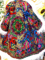 Vintage matte black Floral Embroidered Afghan Coat: Mongolian Fur Trim, Reversible Cotton