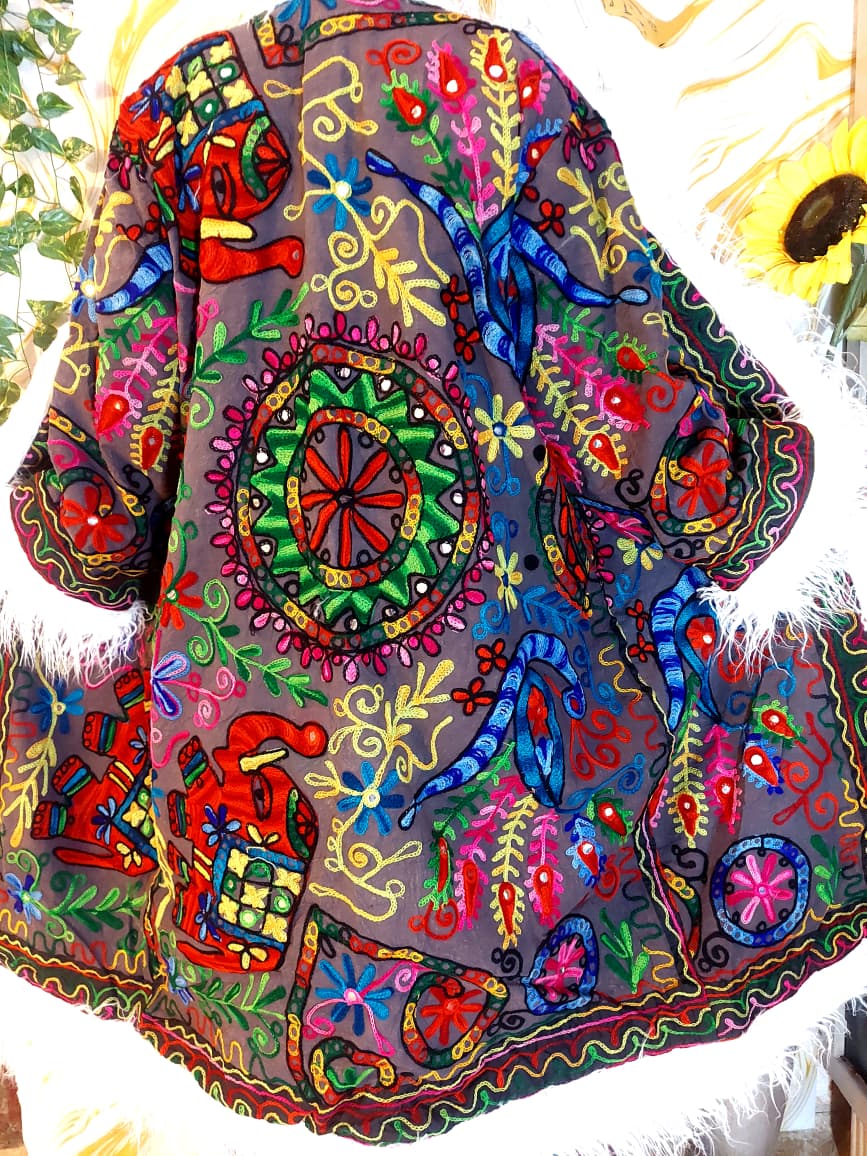Vintage matte black Floral Embroidered Afghan Coat: Mongolian Fur Trim, Reversible Cotton