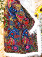 Vintage matte black Floral Embroidered Afghan Coat: Mongolian Fur Trim, Reversible Cotton