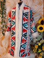 White Handmade Suzani Embroidered Faux Fur Trim Coat: Bohemian Afghan Style Jacket
