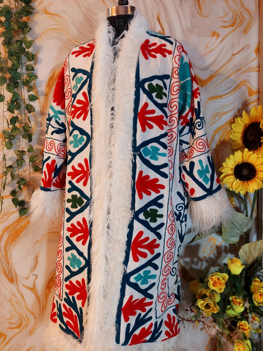 White Handmade Suzani Embroidered Faux Fur Trim Coat: Bohemian Afghan Style Jacket