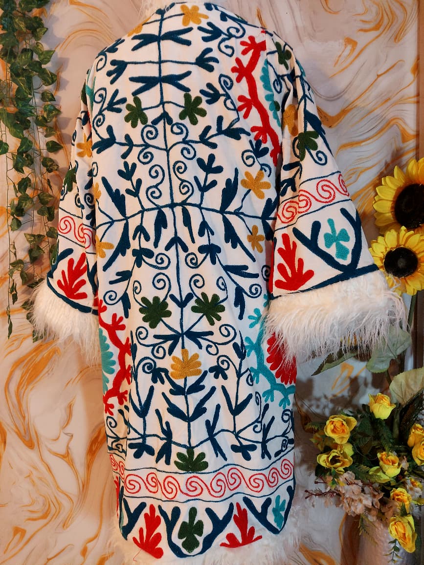 White Handmade Suzani Embroidered Faux Fur Trim Coat: Bohemian Afghan Style Jacket