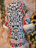 White Handmade Suzani Embroidered Faux Fur Trim Coat: Bohemian Afghan Style Jacket