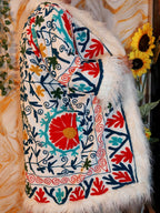 White Handmade Suzani Embroidered Faux Fur Trim Coat: Bohemian Afghan Style Jacket