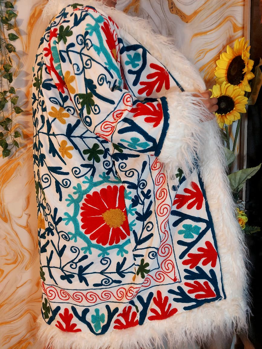 White Handmade Suzani Embroidered Faux Fur Trim Coat: Bohemian Afghan Style Jacket