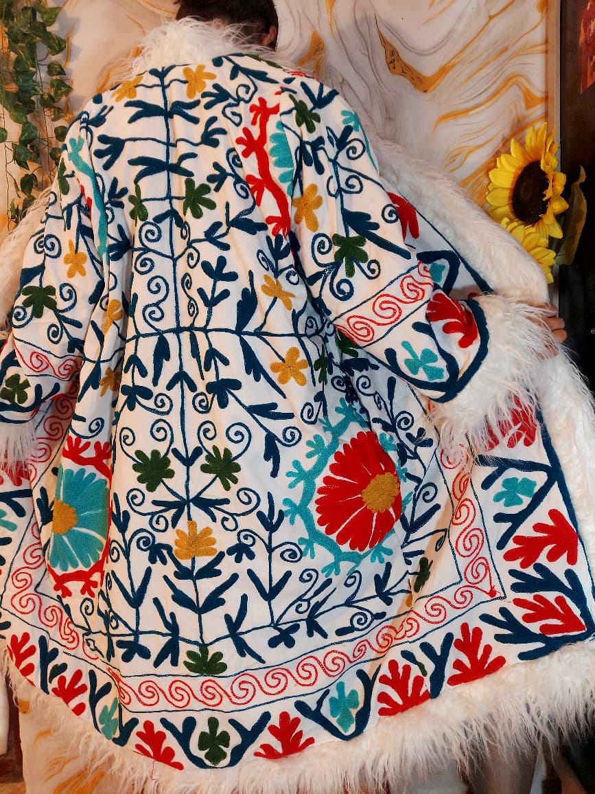 White Handmade Suzani Embroidered Faux Fur Trim Coat: Bohemian Afghan Style Jacket