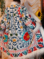 White Handmade Suzani Embroidered Faux Fur Trim Coat: Bohemian Afghan Style Jacket