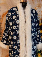 White Handmade Suzani Embroidered Faux Fur Trim Coat: Bohemian Afghan Style Jacket
