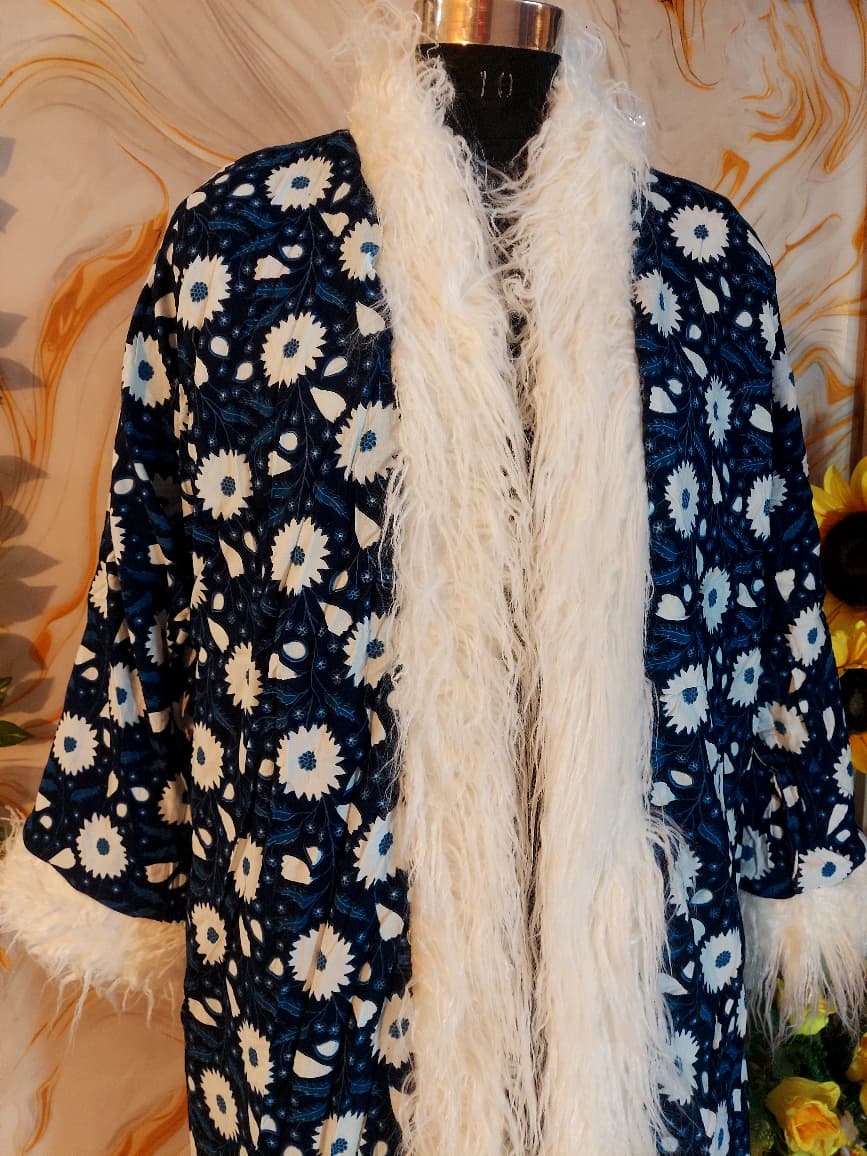 White Handmade Suzani Embroidered Faux Fur Trim Coat: Bohemian Afghan Style Jacket