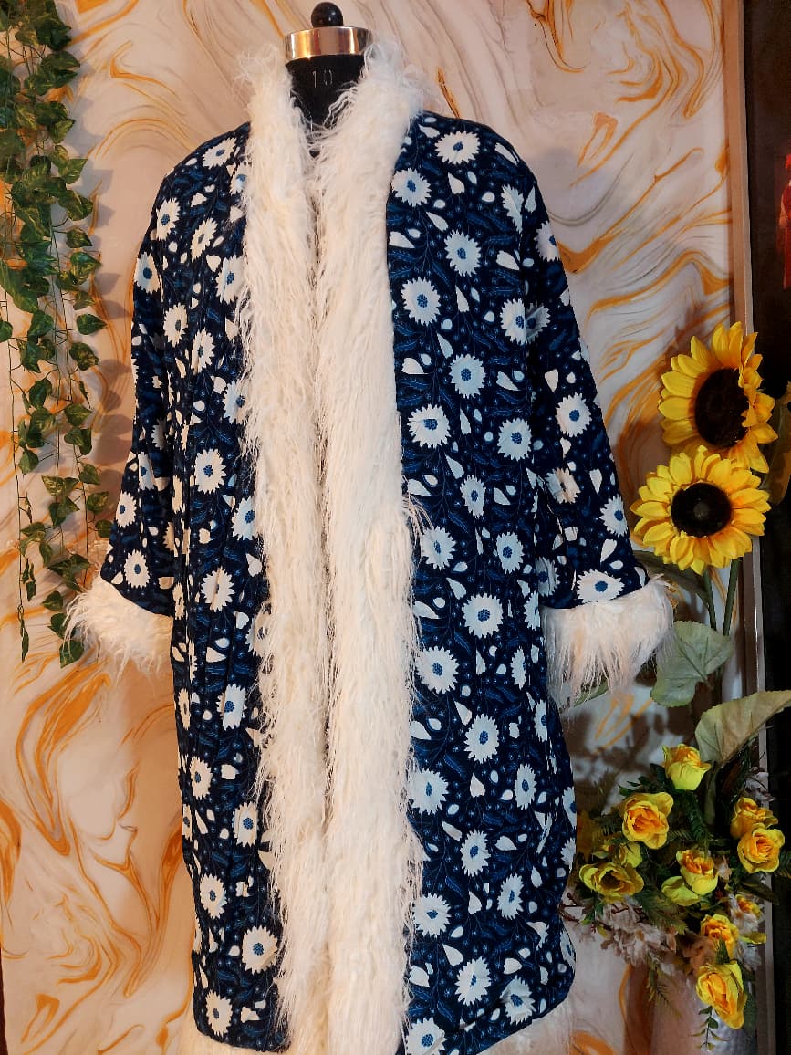 White Handmade Suzani Embroidered Faux Fur Trim Coat: Bohemian Afghan Style Jacket