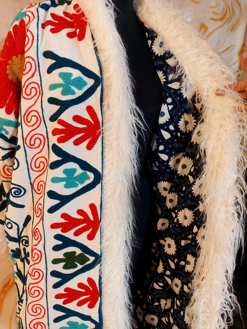 White Handmade Suzani Embroidered Faux Fur Trim Coat: Bohemian Afghan Style Jacket