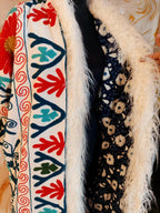 White Handmade Suzani Embroidered Faux Fur Trim Coat: Bohemian Afghan Style Jacket