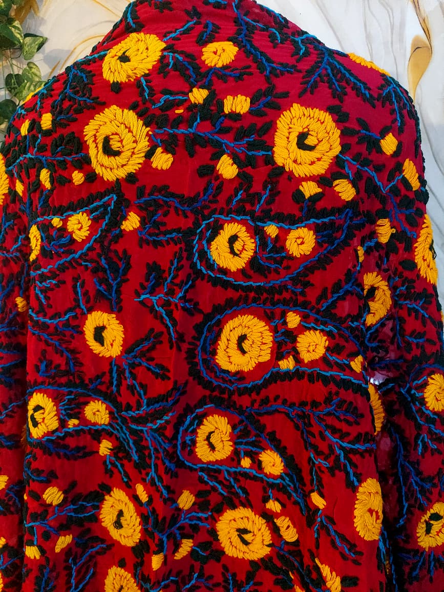 Red heavy georgette Phulkari Dupatta: Handmade Floral Embroidery,