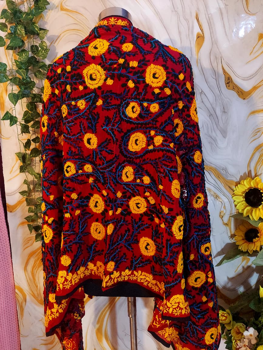 Red heavy georgette Phulkari Dupatta: Handmade Floral Embroidery,