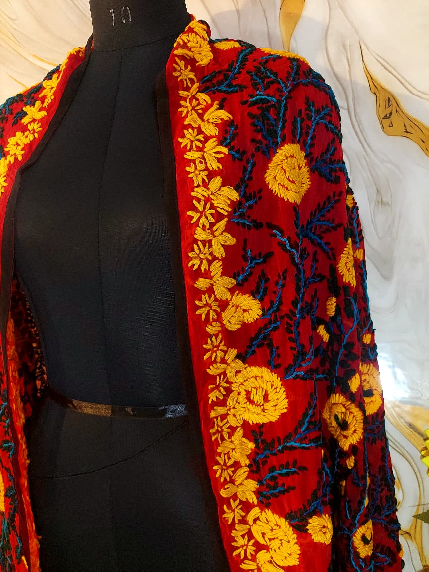 Red heavy georgette Phulkari Dupatta: Handmade Floral Embroidery,
