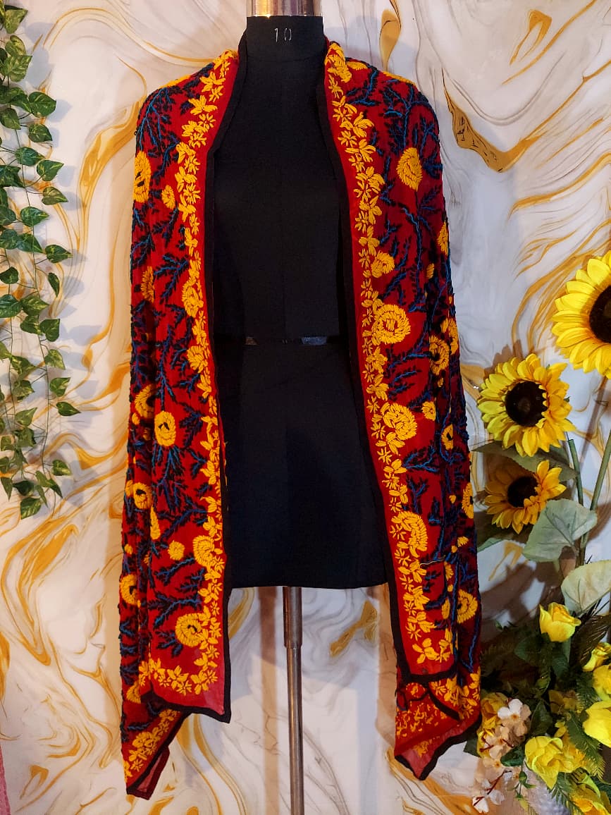 Red heavy georgette Phulkari Dupatta: Handmade Floral Embroidery,