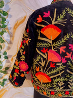 Black Handmade Velvet Suzani Jacket: Fleece Lined Kashmiri Embroidery