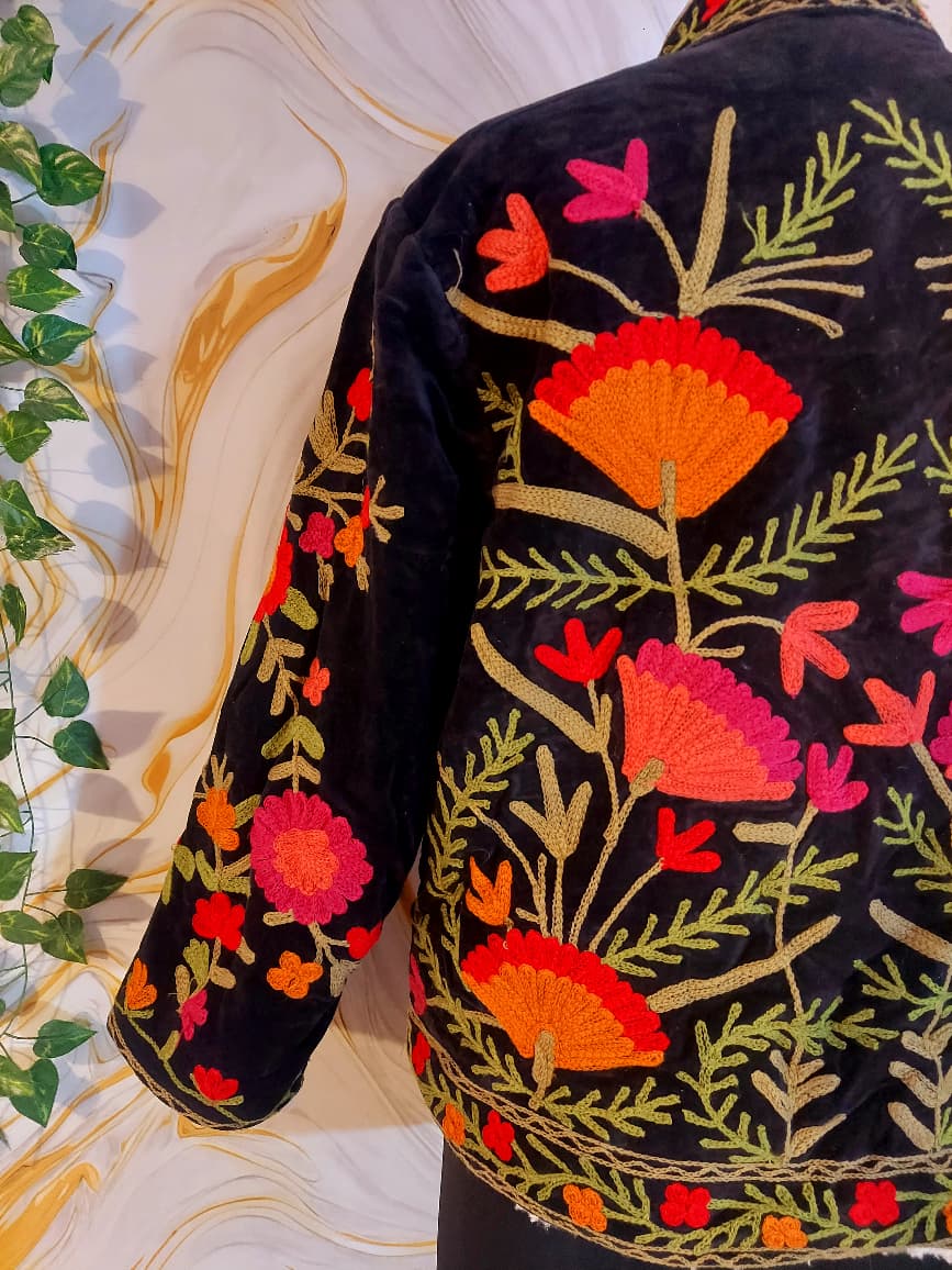 Black Handmade Velvet Suzani Jacket: Fleece Lined Kashmiri Embroidery