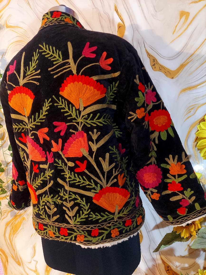 Black Handmade Velvet Suzani Jacket: Fleece Lined Kashmiri Embroidery