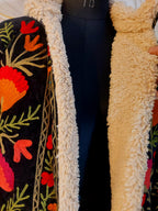 Black Handmade Velvet Suzani Jacket: Fleece Lined Kashmiri Embroidery