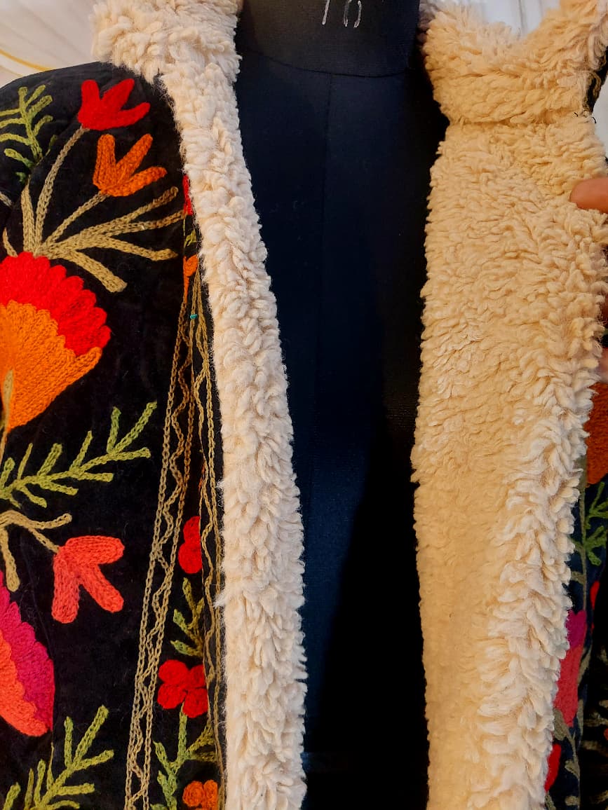 Black Handmade Velvet Suzani Jacket: Fleece Lined Kashmiri Embroidery