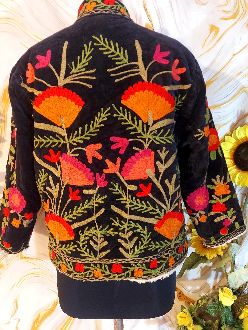 Black Handmade Velvet Suzani Jacket: Fleece Lined Kashmiri Embroidery