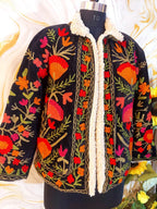 Black Handmade Velvet Suzani Jacket: Fleece Lined Kashmiri Embroidery