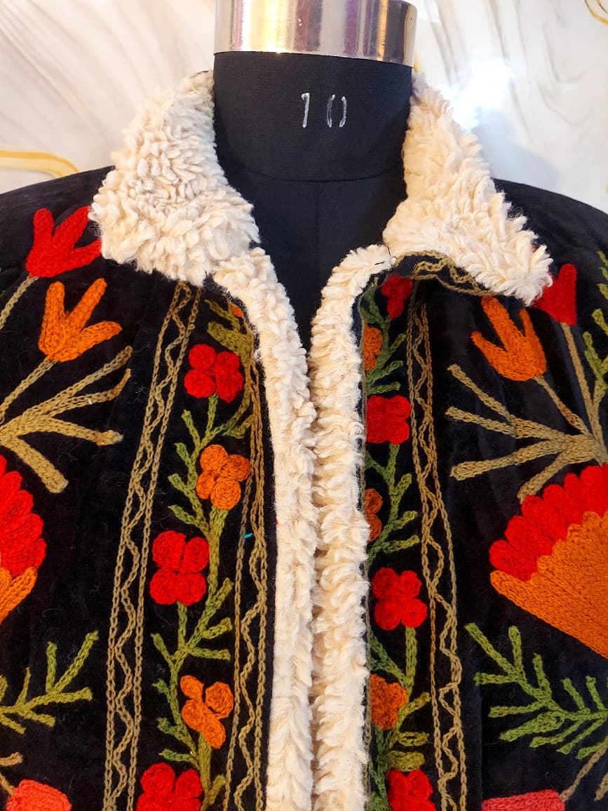 Black Handmade Velvet Suzani Jacket: Fleece Lined Kashmiri Embroidery