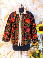 Black Handmade Velvet Suzani Jacket: Fleece Lined Kashmiri Embroidery