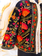 Black Handmade Velvet Suzani Jacket: Fleece Lined Kashmiri Embroidery