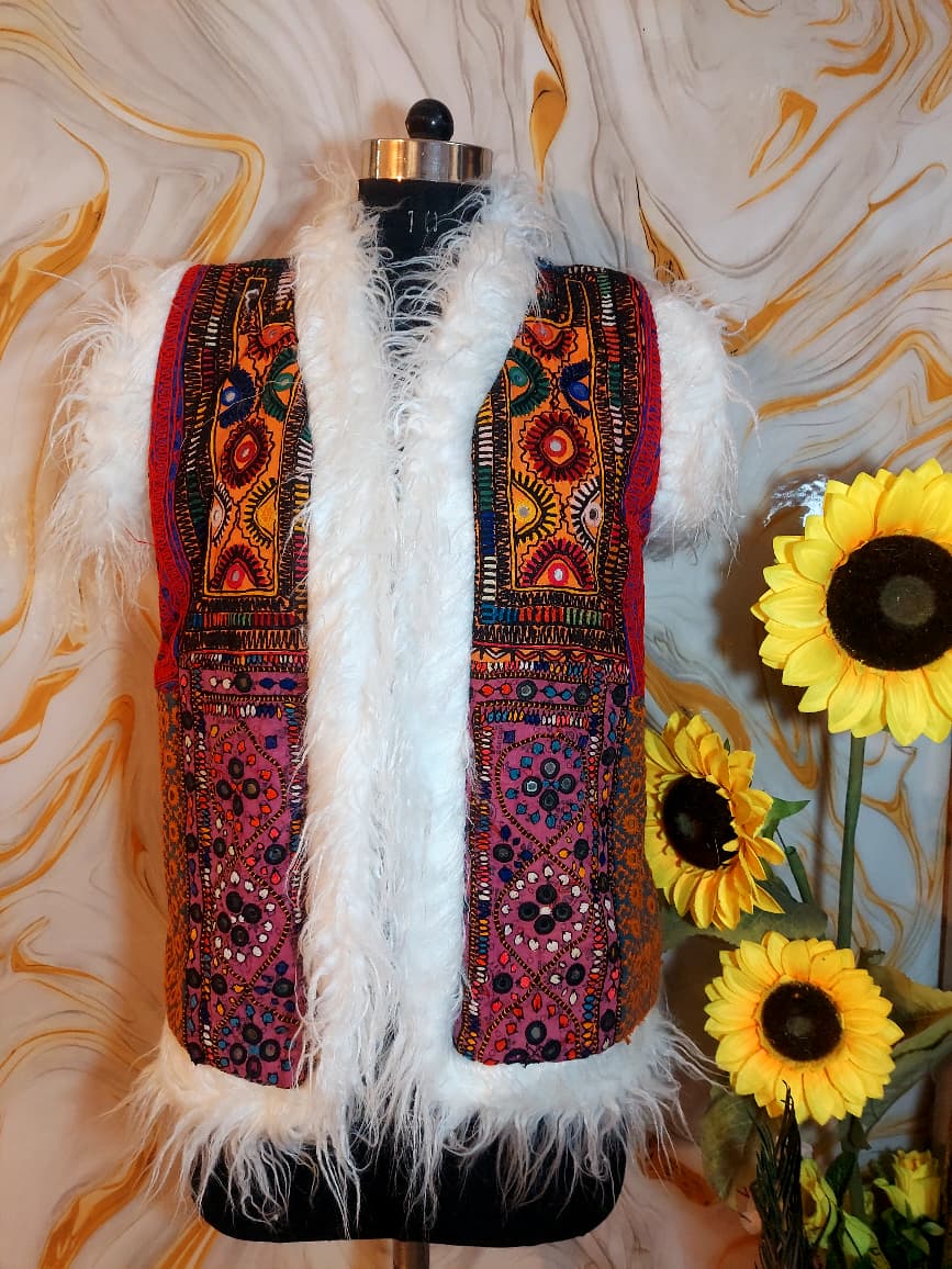 Vintage Banjara Vest: Embroidered Patchwork Afghan Jacket with Faux Fur