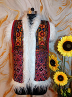 Vintage Banjara Vest: Embroidered Patchwork Afghan Jacket with Faux Fur