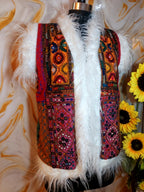 Vintage Banjara Vest: Embroidered Patchwork Afghan Jacket with Faux Fur