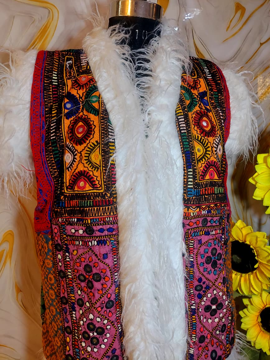 Vintage Banjara Vest: Embroidered Patchwork Afghan Jacket with Faux Fur