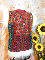 Vintage Banjara Vest: Embroidered Patchwork Afghan Jacket with Faux Fur
