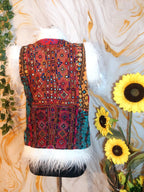 Vintage Banjara Vest: Embroidered Patchwork Afghan Jacket with Faux Fur