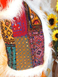 Vintage Banjara Vest: Embroidered Patchwork Afghan Jacket with Faux Fur