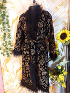 Handmade Floral Velvet Kimono Robe: Faux Fur Trim Evening Coat