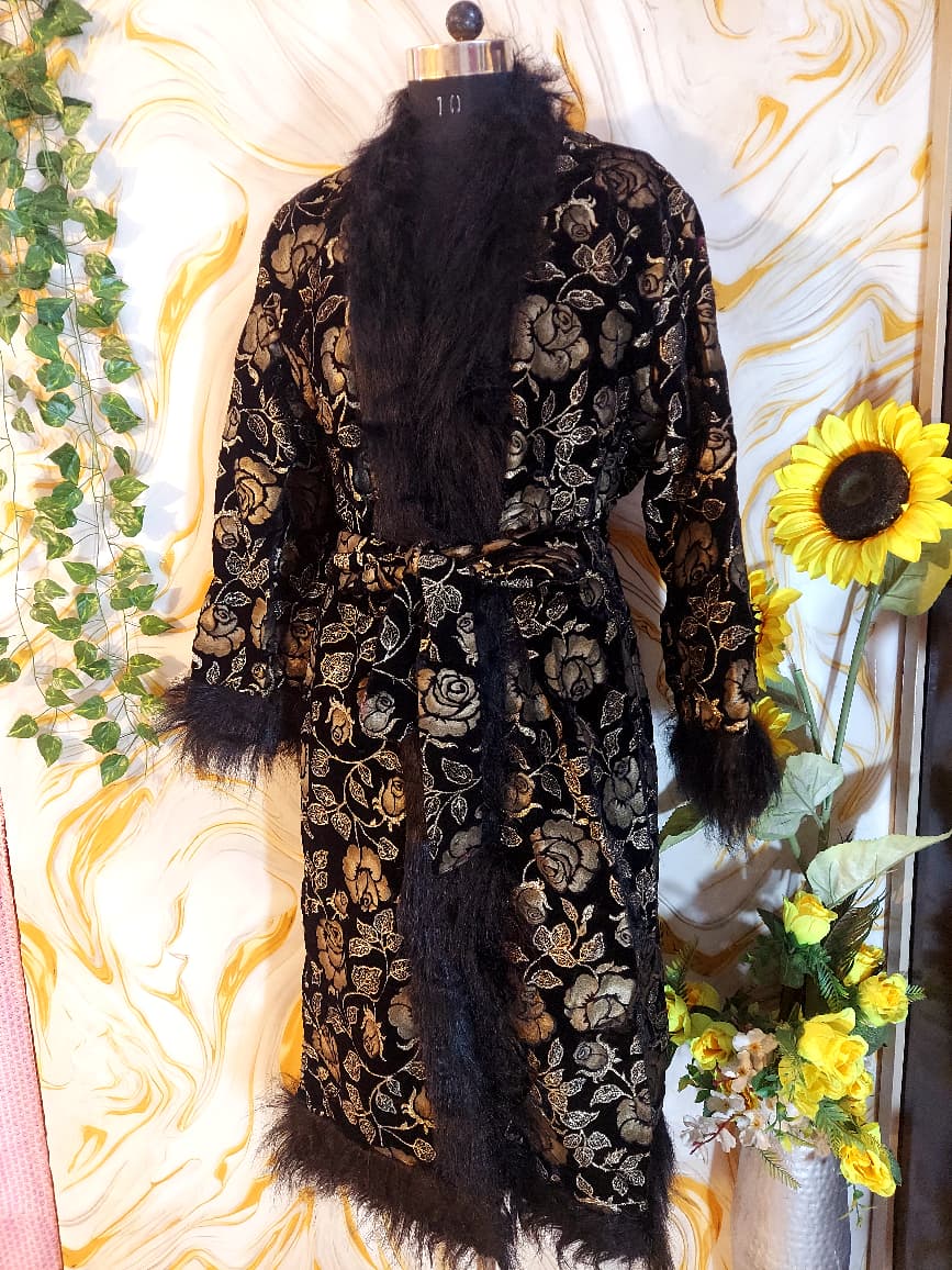 Handmade Floral Velvet Kimono Robe: Faux Fur Trim Evening Coat
